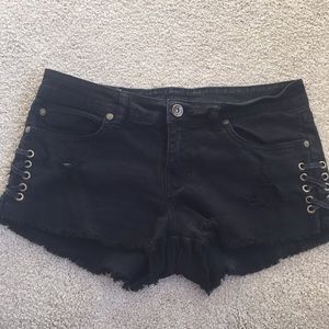Black lace up denim shorts
